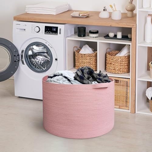 Image of MEGASKET Extra Large Pink Basket, 22 inchx22 inchx14 inch Woven Cotton Rope Bin with Handles, Blanket Storage for Living Room, Baby Kids Toy Storage Bin Box, Wicker Laundry Basket, Pink Room Decor Organizing