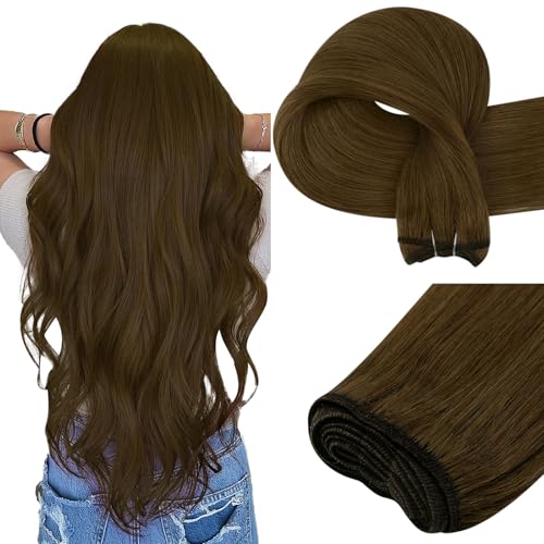 Image of Easyouth Sew in Hair Extensions Real Human Hair Brown Weft Hair Extensions Medium Brown Soft and Smooth Sew in Weft Hair Extension Human Hair Washability 14 Inch 70G