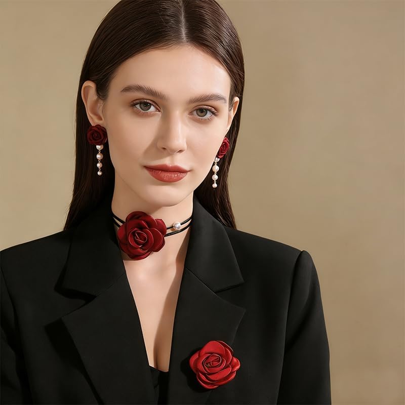 ONLYJUMP 3Pcs Red Velvet Rose Jewelry Set for Women Black Ribbon Necklace Pearl Tassel Earrings Chest Flower Vintage Floral Design Ideal Gift for Wedding Birthday Valentine's Day - Image 2