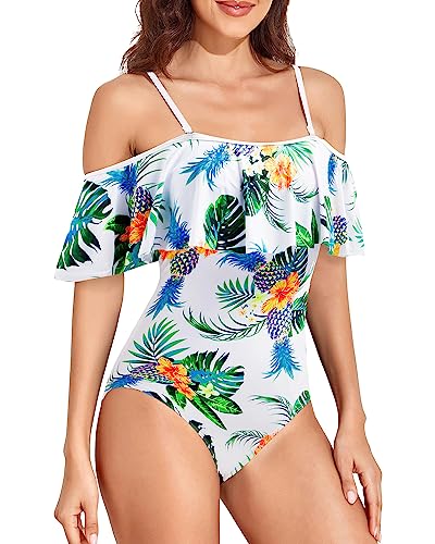 Tempt Me White Pineapple Off Shoulder One Piece Swimsuit For Women Ruffled Retro Bathing Suit Flounce Printed Swimwear L #TOP2