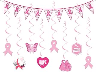Xugoox Breast Cancer Awareness Decorations Supplies Breast Cancer Awareness Wall Banner Hope Love Breast Cancer Awareness Party Favors Pink Ribbon Pennant Banner Hanging Swirl for Charity Event