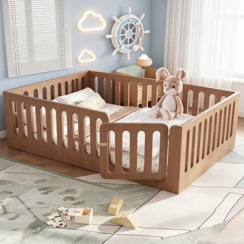 Image of Bellemave Queen Montessori Floor Bed Frame,Brown | Solid wood kids montessori floor bed with high safety fence & door, low to ground design for girls and boys