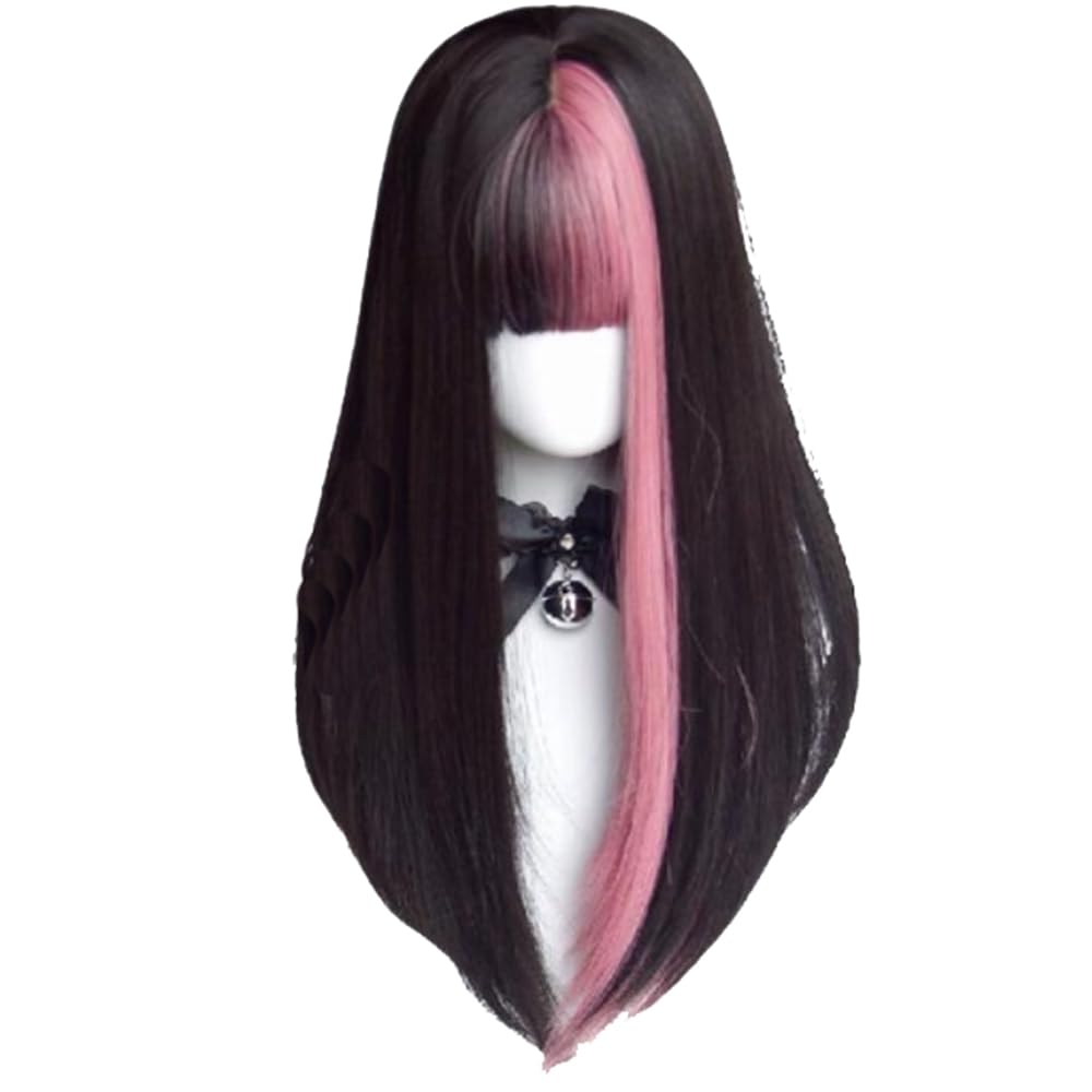 Brown Green Highlight Long Straight Wig for Women with Bangs Lolita Synthetic Hair Wig Natural Looking Heat Resistant Wigs for Daily Use