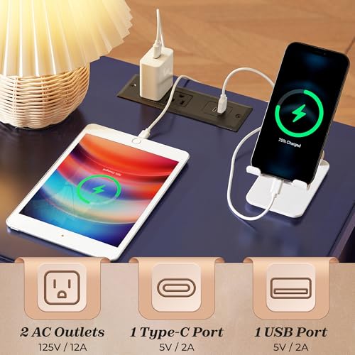 Image of Huuger Nightstand with Charging Station, Blue Nightstand with 2 Drawers