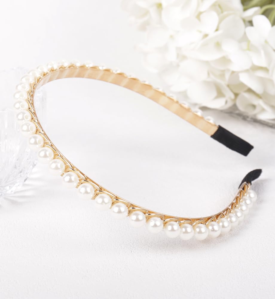 YARN & INK Women's White Big Pearls Line Headbands Non Slip, Fashion Handmade Beaded Hair Accessories Vintage Headband for Women Girls (Big Pearls Line) image 3
