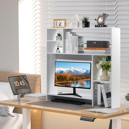 KIOMIMI Modern Wooden Desktop Bookshelf Hutch, White Desk Organizer with 7 Shelves for Computer Desk, Vertical Storage for Small Desks, Home Office, Dorm by KIOMIMI - Used condition - Image 6