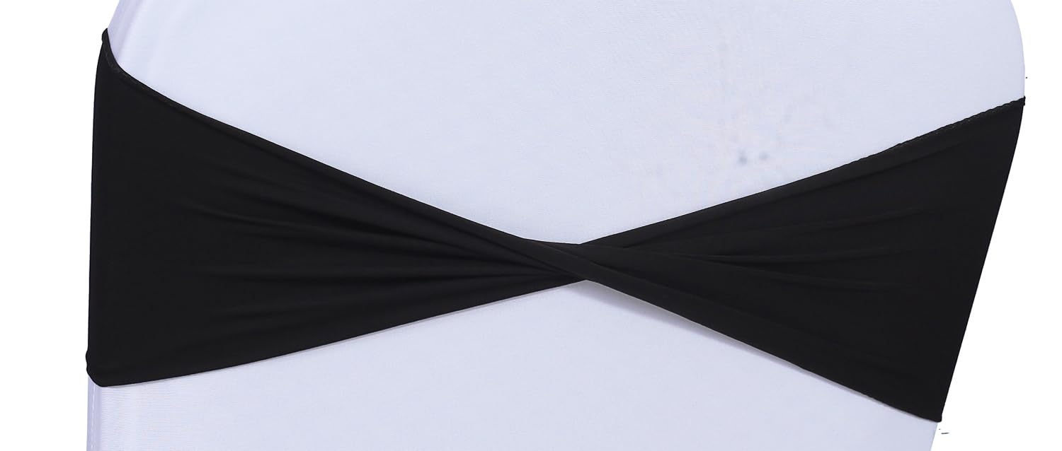 MDS Pack of 75 Spandex Chair Sashes Bows Elastic Stretch Dining Chair Bands Ties Without Slider Buckle Universal fits for Wedding Baby Shower Birthday Party Banquet Event Decoration - Black