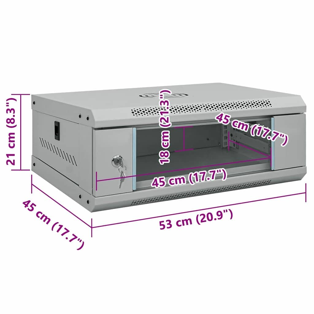 Armadio da parete per tecnologia di rete 53 x 45 x 21 cm, armadio server da parete in acciaio con anta in vetro di sicurezza, grigio