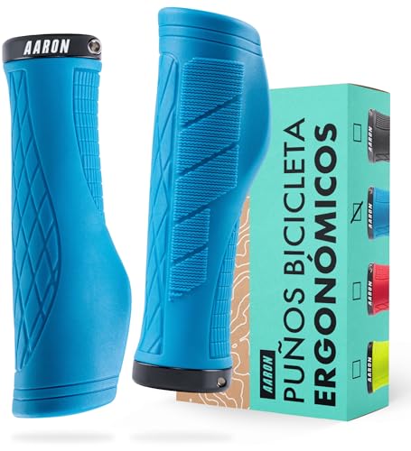 AARON Fit Puños de Bicicleta con amortiguación de Gel | Puños de Manillar Deportivos de Goma Antideslizante | Puños de Manillar Lock-on para Bicicleta eléctrica, Trekking, MTB crossbike, Fixie, Azul