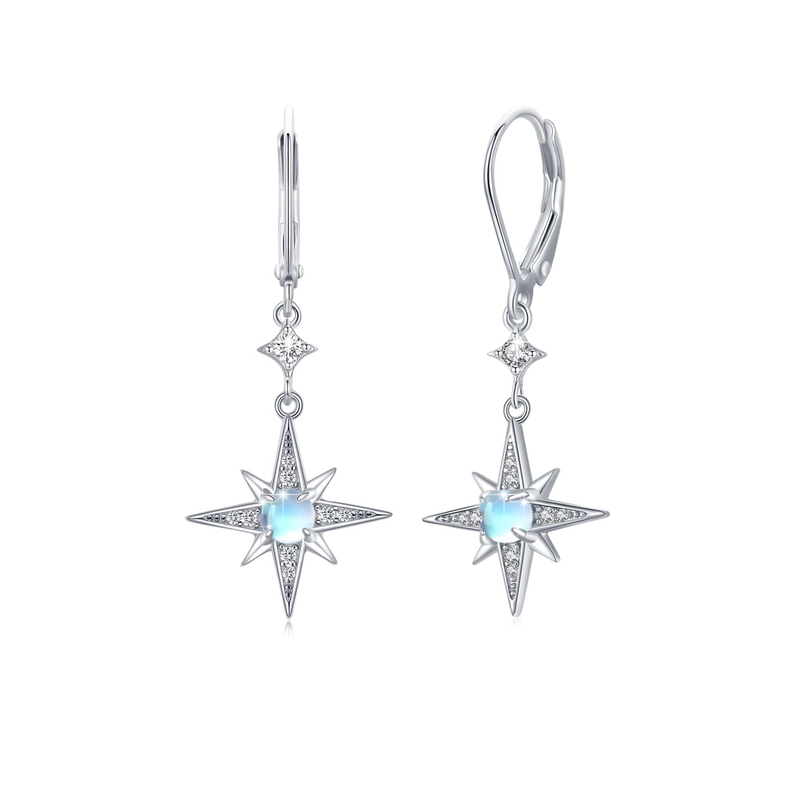 Star Earrings for Women 925 Sterling Silver Star Dangling Drop Earrings with Moonstone/Zircon Jewelry Gifts for Women