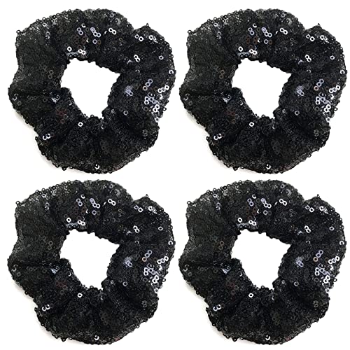 4 Pcs Sparkle Sequin Hair Scrunchie Hair Bobbles Metallic Elastics Ponytail Holders Hair Wrist Ties Bands Cloth Scrunchies for Show Gym Dance Party Club Girl Women (Black)