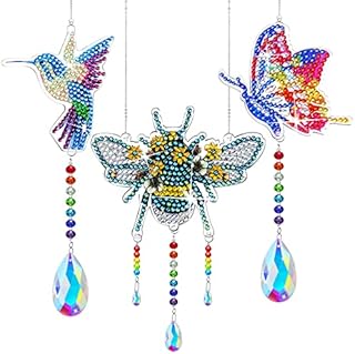 3 Pieces Diamond Painting Suncatcher Wind Chime Hummingbird Butterfly Honeybee Double Sided Hanging Diamond Art Wind Chime Painting Ornaments for Kids Adults Home Garden Decoration