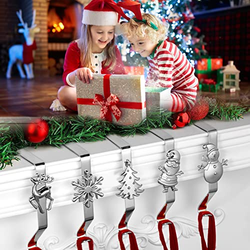 Stocking Holders For Mantle, Set Of 5 Christmas Stocking Holders For Fireplace, Stocking Hangers For Mantel, Snowflake Reindeer Tree Santa Stocking Hooks For Christmas Mantel Decoration, Silver #TOP1