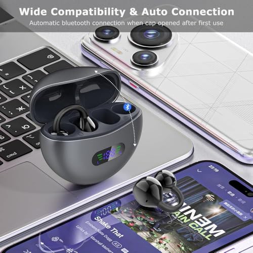 Image of EXECCZO Ear Clip Earbuds Mini Open Ear Headphones Wireless Bluetooth Earphones for Sport Workout Driving Walking Running Compatible with iPhone Android (Black and Grey)
