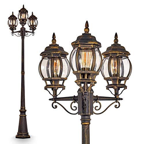 KOZWAY 3-Heads 2.28m European Victoria Metal Retro Outdoor Pillar Bollard Light Classic Brown Park High Pole Post Column Lamp Community Courtyard Garden Landscape Outdoor Street Light