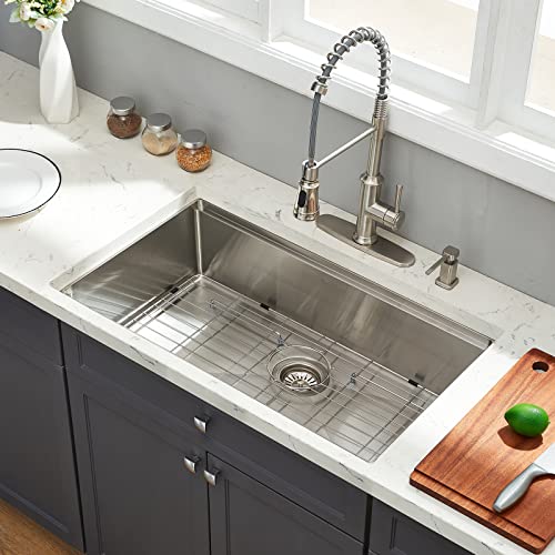 Ecochannels Undermount Kitchen Sink, 33 X 19 Inch Sink Kitchen 16 Gauge Stainless Steel Kitchen Sinks Single Bowl Workstation Sink With Cutting Board #TOP1