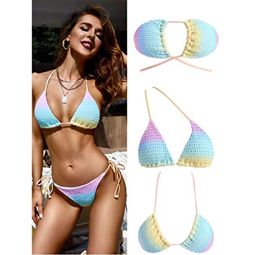 Zaful Women's Halter Neck Smocked Rainbow Tie Side String Triangle Bikini Set (4-Multi, S) #TOP5