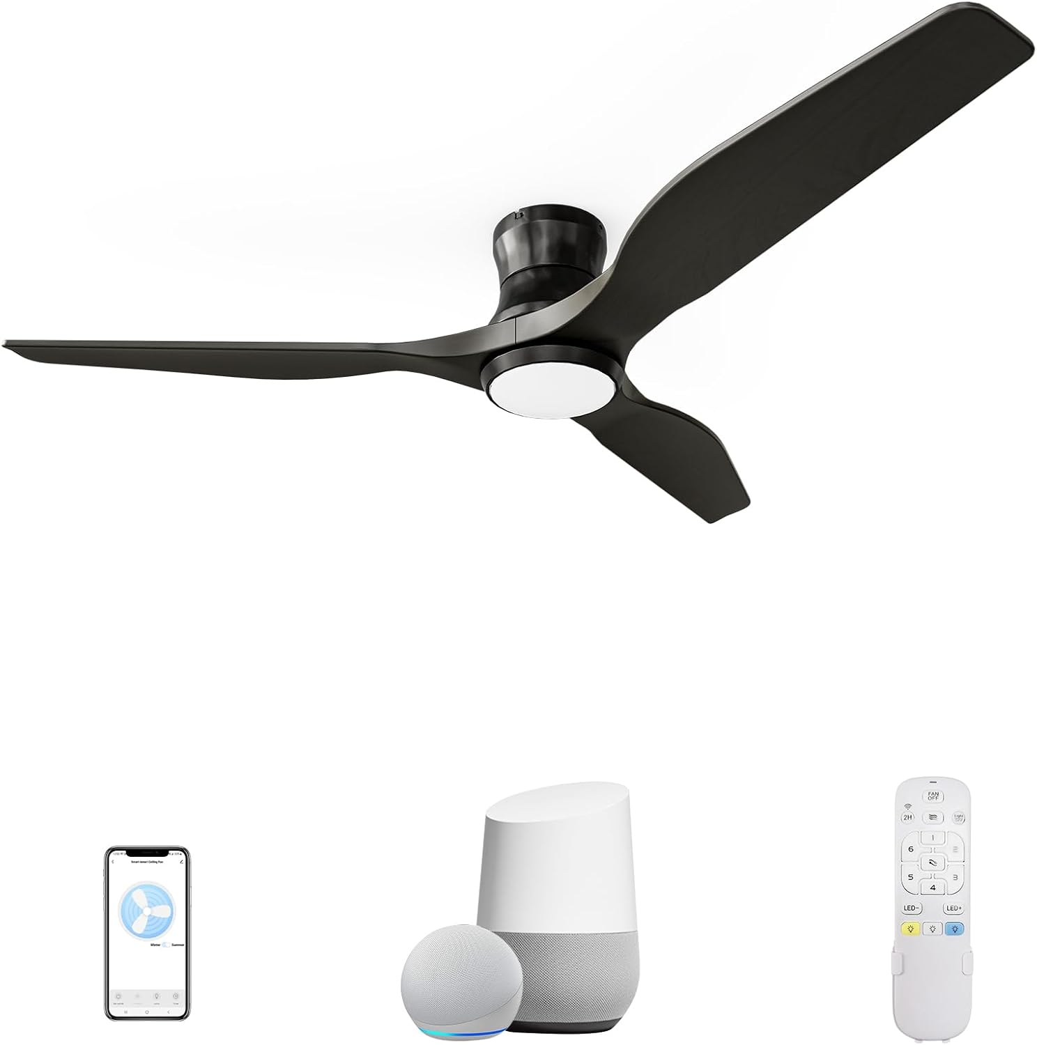 NOPAARD Smart 52-inch Wood Flush Mount Ceiling Fan with Lights, Remote, App, and Voice Control.