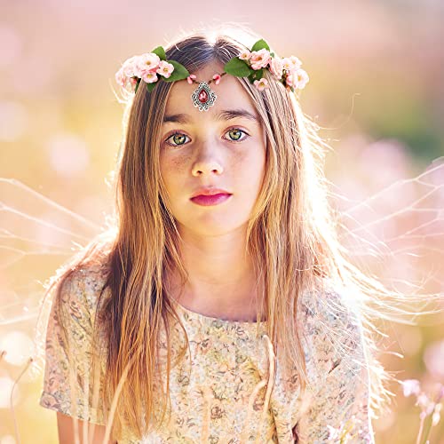 Mostory Handmade Pink Flower Crown Fairy Floral Headband Elf Tiara Headpiece For Women Girls Princess Wedding Renaissance Bridal Shower Cosplay Photo Prop #TOP2