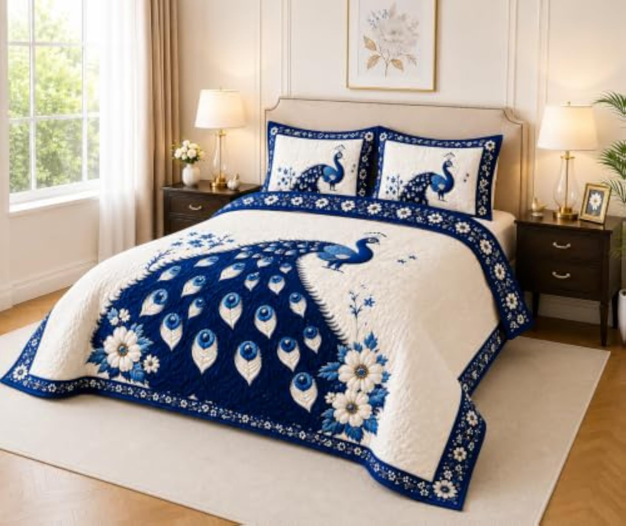 Royal Blue Peacock Floral Bedsheet with Pillow Cover