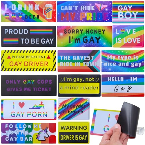 16pcs Funny Pride Gay Car Bumper Magnets Unique Pattern Designs 3pcs Sizes of LGBT Rainbow Pride Prank Reusable Magnetic Bumper for Suitable for Cars Trucks and Any Metal Surface