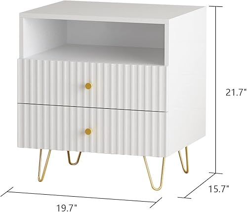 Miniatura 3 de DiDuGo Mesita de noche blanca y dorada con 2 cajones y estante, superficie de aspecto ondulado, patas de metal, para dormitorio (19.7 pulgadas de