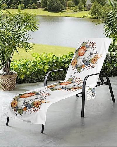 Hello Fall Pumpkin Beach Chair Towel Covers for Chaise Lounge with Side Pocket, Soft Plush Pool Towels Cover for Patio Sunbathing Outdoor 29''x85'' Autumn Thanksgiving Sunflower White