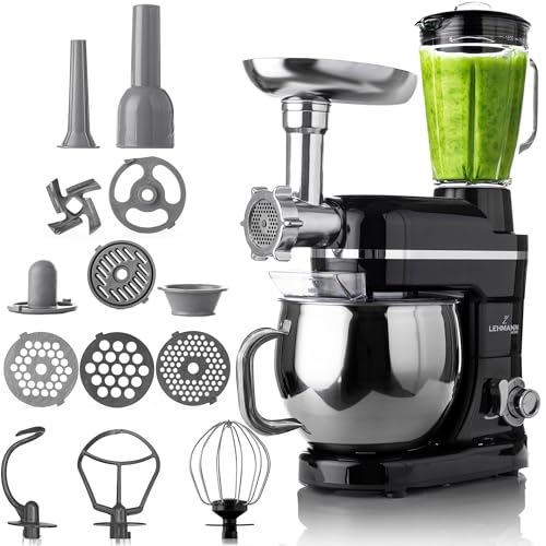 Lehmann Machine de cuisine universelle 3 en 1 | Avec système de battement planétaire | Multifonctionnelle avec hachoir à viande | Presse-agrumes de 1,5 L | Bol en acier inoxydable de 5 L (Noir)
