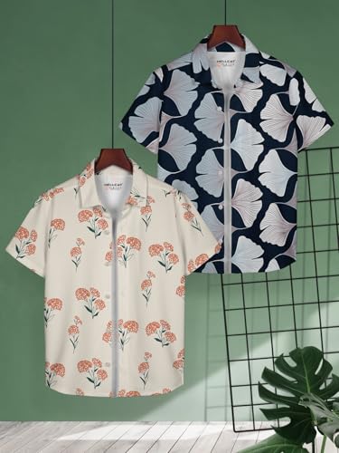Image of HELLCAT White, Dark Blue Trendy Regular Fit Printed Causal Shirt for Boys - Pack of 2