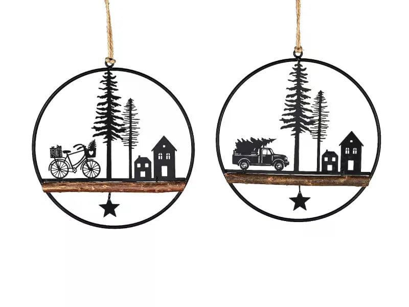Colgador decorativo de metal y madera – Redondo o corazón – Ciervo con árbol o línea de casa – Decoración de pared y ventana invierno Navidad (abeto)