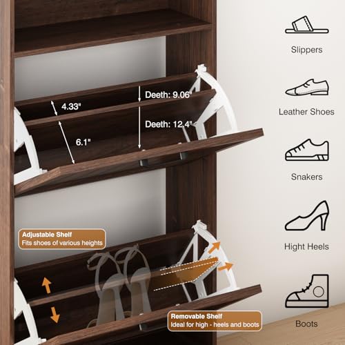 Image of 24 inch W Hidden Shoe Storage Cabinet with 2 Flip Drawers & Open Storage
