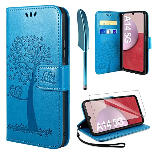 ivencase Coque Compatible avec Samsung Galaxy A14 5G avec Verre Trempé Premium PU Etui Housse Fonction Stand Porte Carte Credit Ticket Flip pour Samsung A14 5G - Bleu Cover
