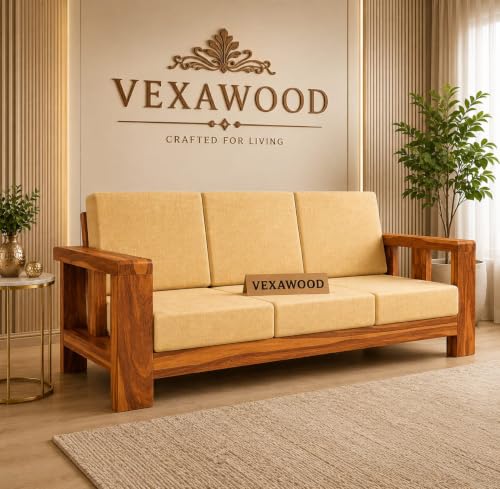 Image of Wooden 3 Seater Sofa for Living Room | Solid Wood Sofa Sofa Set for Home & Office | Lounge (Honey, 3 Seater)