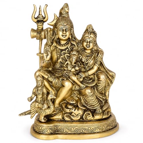 Image of Kartique Brass Shiv Parivar Idol | Antique Finish Shiv Parvati Murti for Home, Pooja Room, and Decoration | Statue Height 7.75 Inch