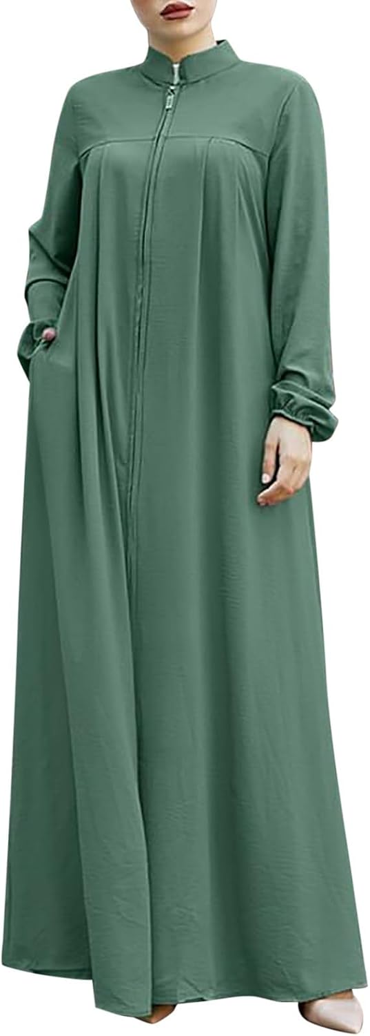 Muslim Dress for Women Middle Stand-Up Collar Zipper Cardigan with Pockets Loose Robe Elegant Prayer Dress for and Occasions