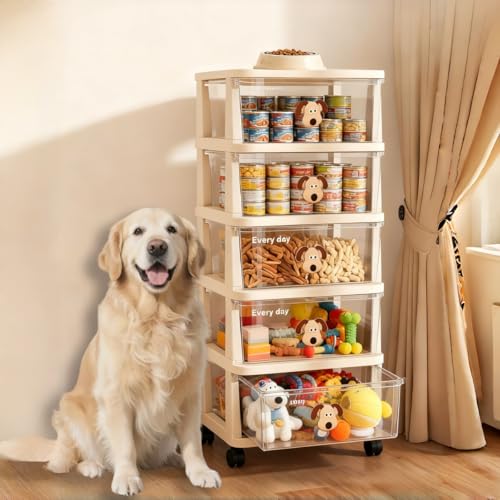 FoldTrend Dog Toy Storage Drawer with Wheels,5 Tier Large Capacity Stackable Bin for Pet Toys & Essentials, All-in-One Dog Stuff Storage Cabinet, Perfect for Living Room, Easy to Clean