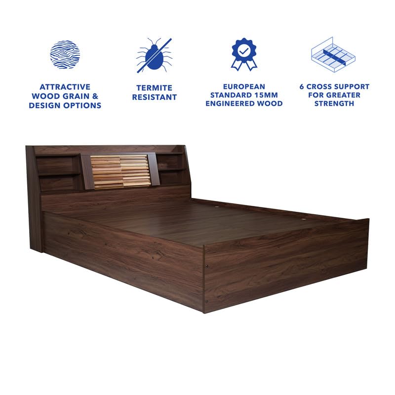 Image of Solimo Bed - Queen Size, Timber Design Double Bed, 11 Engineered Wood Feature, Comfortable Seating, Non-Woven Base & 3mm MDF, Slanted Headboard - Walnut (Melamine Finish)
