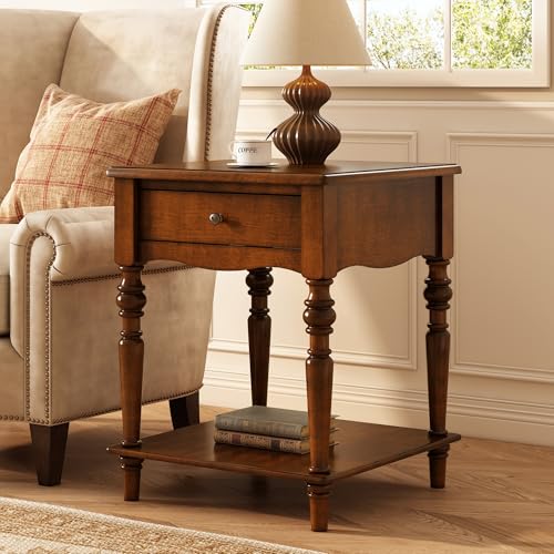 PADMA HOUSE Solid Wood Small End Table with Drawer, Vintage Square Sofa Side Table with Natural Wood Grain Tabletop, Apartment Beside Table with Storage Shelf for Living Room, 18.9 * 24in