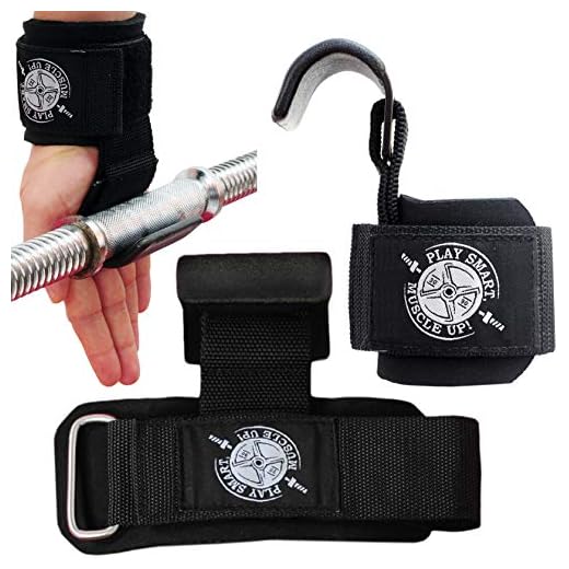Play Smart, Muscle UP! Heavy Lifting Hooks Solid Steel with Wrist Strap Protection Anti Slip Coating Thick Neoprene Padding for Men and Women with Lifetime Waranty