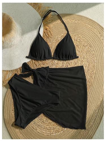 Image of SOLY HUX Girl's Summer Swimsuit Set Floral Halter Triangle Bikini Set with Wrap Skirts Beachwear