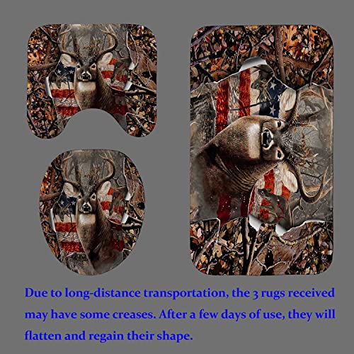 Camille&Andrew 4Pcs American Flag Deer Shower Curtain Set, Elk Moose Wildlife Animal Hunting Cabin Camo Tree Woodland 4Th Of July Patriotic Country Rustic Farmhouse Bathroom Decor, Non-Slip Bath Mat #TOP3