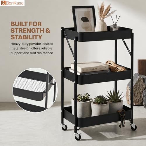 Image of Bonkaso 3 Tier Foldable Utility Cart with Wheels | Heavy-Duty Metal Storage Trolley for Kitchen, Bathroom & Office | Rolling Organizer Rack with 360 Swivel Wheels | 41x30x77 cm (Black)
