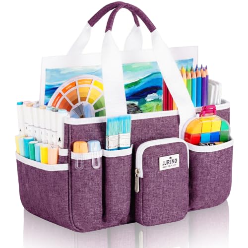 Image of Jjring Craft Organizer Tote Bag, Portable Art Caddy with Adjustable Divider&Secure Zipper Pocket, Large Foldable Storage Tote for Scrapbooking, Sewing, Artist and Home(Deep Purple)