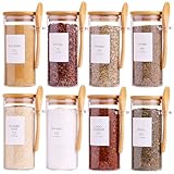 8 Pcs Glass Containers with Bamboo Lids and Spoons - 10 oz Sugar Container with 148 Kitchen Pantry...