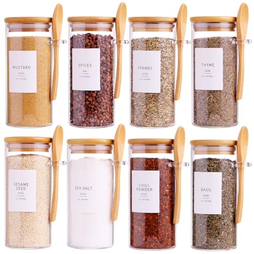 8 Pcs Glass Containers with Bamboo Lids and Spoons -