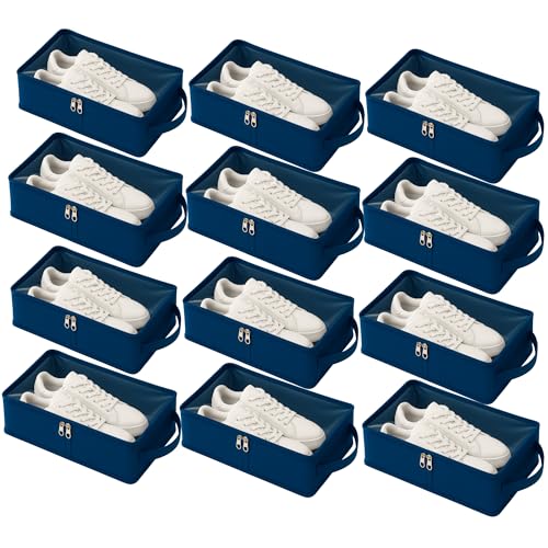Image of Under Bed Shoe Storage Organizer Box with Clear Zippered Cover | Foldable Rexine Footwear Holder for Closet,Bedroom & Travel | Dustproof, Space Saving Bag for Men & Women (Blue,Pack of 12)