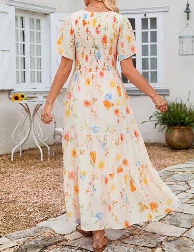 Image of ZESICA Women's 2026 Summer Boho Floral Maxi Dresses Casual Short Flutter Sleeve Smocked Tiered Flowy Dress