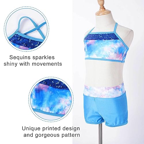 Image of Agoky Kids Girls 2PCS Sports Outfits Ballet Gym Sequins Mermaid Tank Top Shorts Set Tankini Swimwear Gymnastics Tracksuit