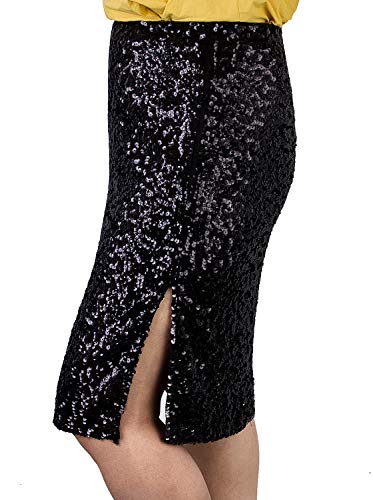 Vijiv Women's Classy Slit Sequin Midi Pencil Skirts High Waist Stretchy Sparkle Glitter Party Cocktail Black Large #TOP1