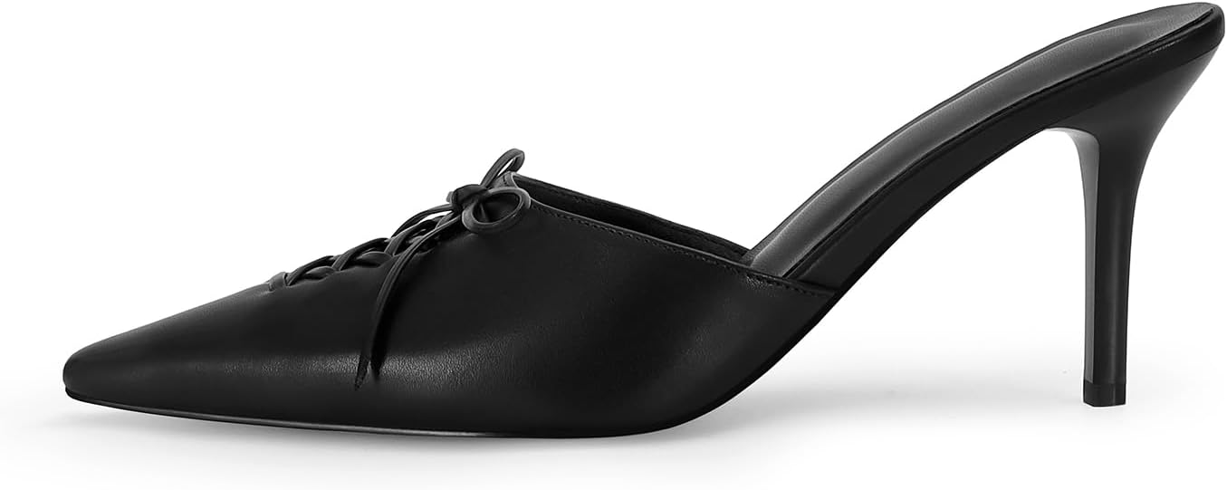 Dsevht Black Kitten Heels for Women Pointed Closed Toe Dressy Bow Heel Vintage Heeled Mules Sexy Pointy Studded Slip on Stiletto Pump Shoes - Image 6